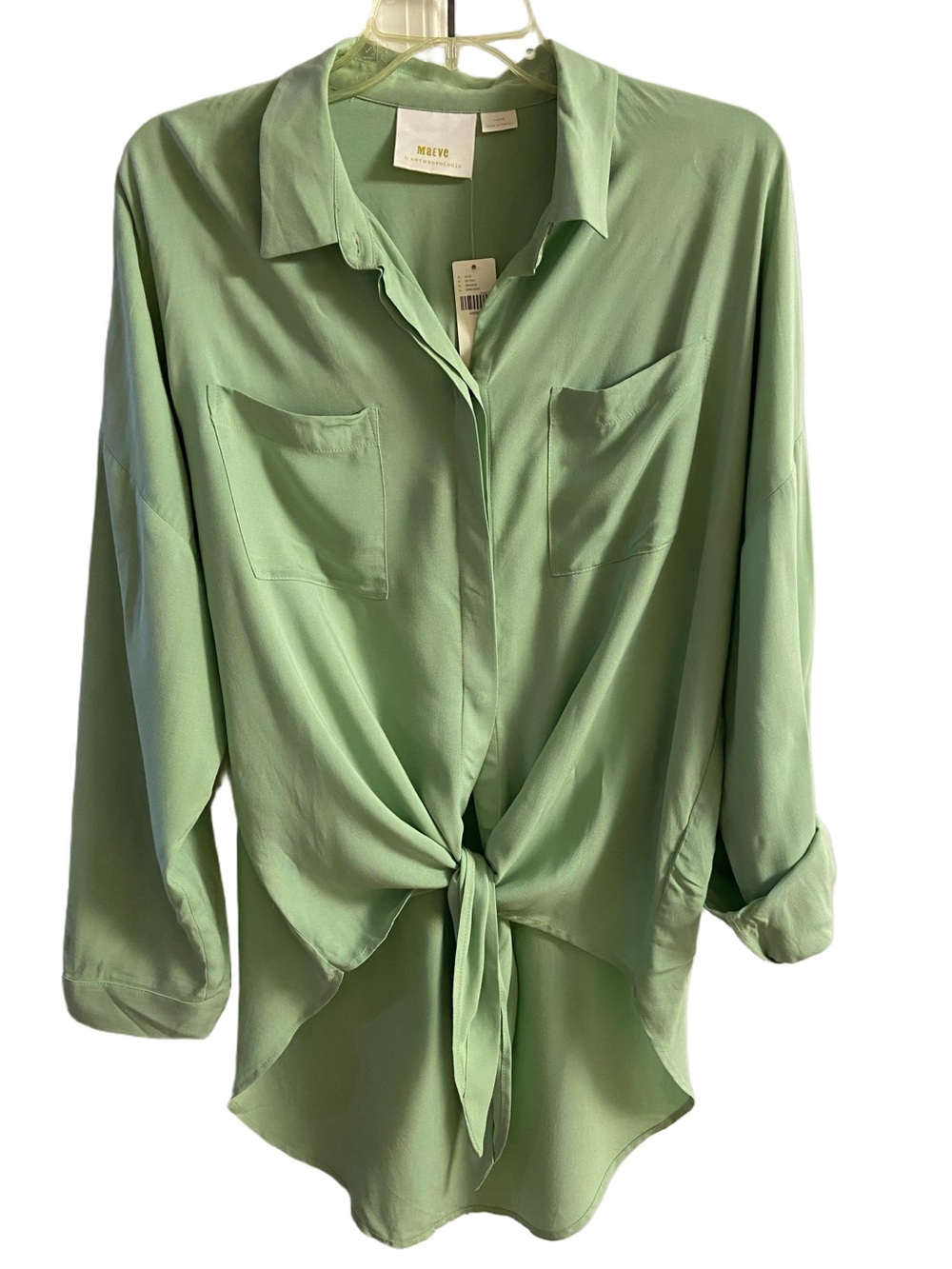 Maeve Anthropologie Sage Green Tie-Front Button Down Shirt Large NWT